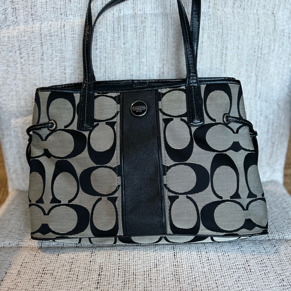 Coach Black and Tan Signature Tote with Center Panel